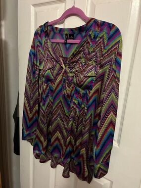 Chevron-Print Long-Sleeve Tunic Top - Multicolor